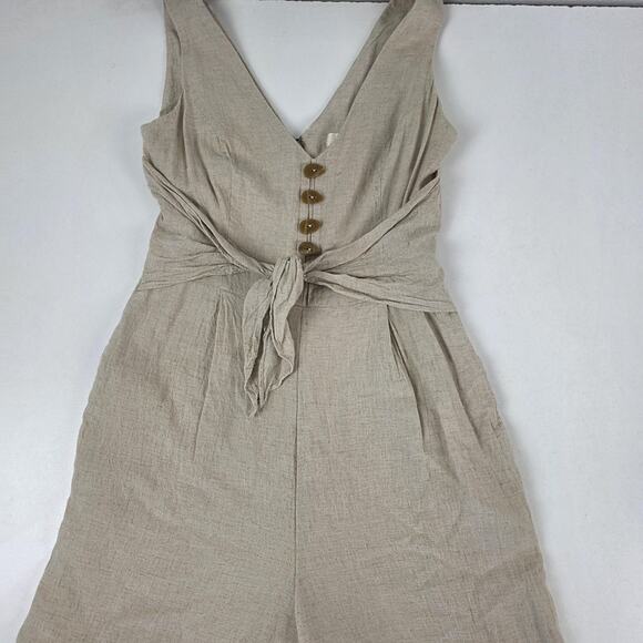 Maeve Anthropologie Jumpsuit Womens 0 Beige Linen Wide Leg V Neck Tie Waist - Picture 2 of 16